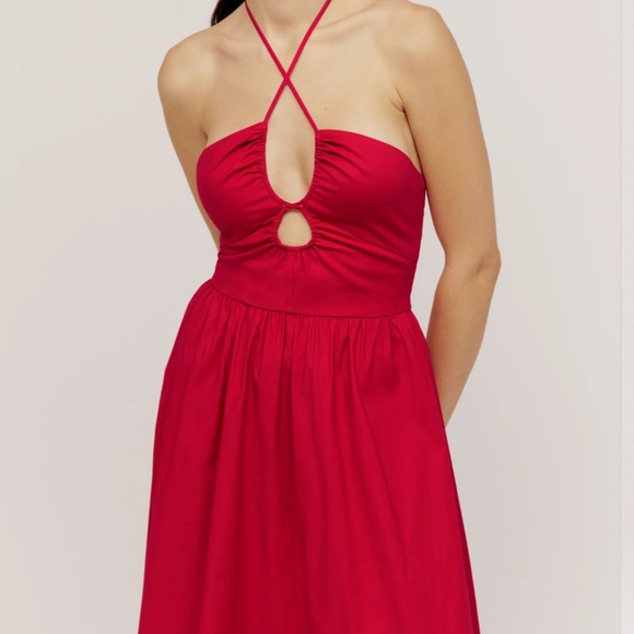 Reformation Stassie Sleeveless Halter Tie Midi Dress in Cherry Red - Picture 3 of 16